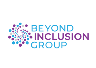 A group of blue and purple small circles that are arrange to make a swirl design. The words "Beyond Inclusion Group" is to the right of the design, where Beyond is blue, Inclusion is purple, and Group is blue.