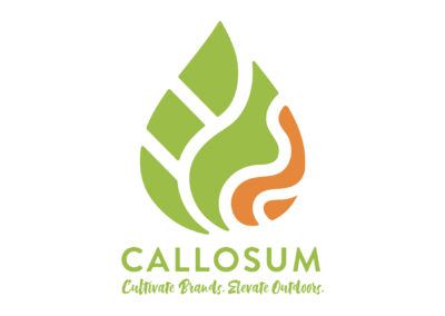 A tear drop shape with various squiggly lines breaking up the colors inside. On the left side is bright green, on the right side is orange. Below the shape, the words "Callosum" is in all capital letters and in the same color green as part of the logo. Under that word, it reads "Cultivate Brands. Elevate outdoors." in the same green color.