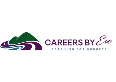 A logo of a green mountain with a purple road heading towards it. In burgendy font, the words "Careers by Eve" is to the right side.