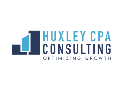 Three rectangles stacking vertically next to each other, the first is small and dark blue, the second is medium height and light blue, and the third is tall and dark blue. Next to the rectangles, the words "Huxley CPA" is in light blue text. Under that it reads "Consulting" in dark blue text, and finally the phrase "Optimizing growth" is under that in smaller font and in dark blue.