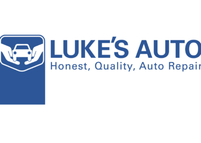 A blue vertical rectangle with a white icon of hands holding a car. To the right of this rectangle reads the text "Luke's Auto. Honest/ Quality. Auto Repair." in dark blue.