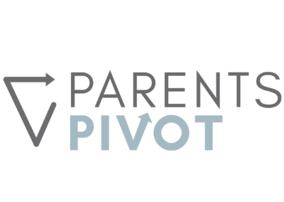 A gray outline of an upside down equilateral triangle where the upper right corner isn't connected, but instead has an arrow in the top light, pointing right. The words "Parents Pivot" is to the right of the outline, with Parents in gray text on top of Pivot in light blue text.