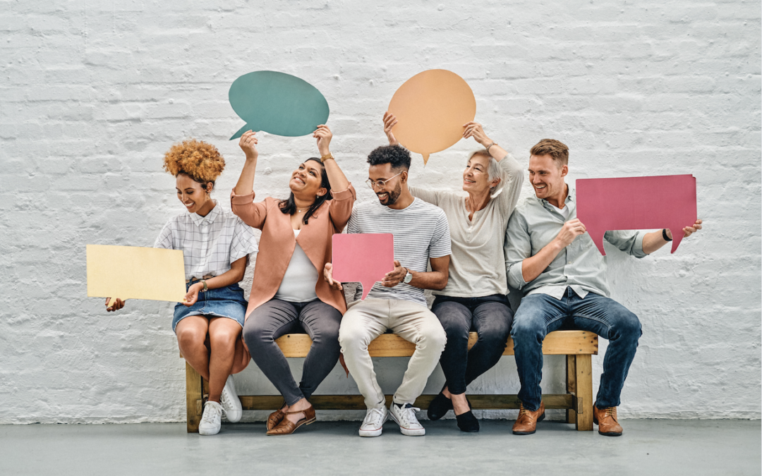 A group of friends sitting on a bench enjoying each other's company while holding speech bubbles of various shapes and colors to denote their different voices.