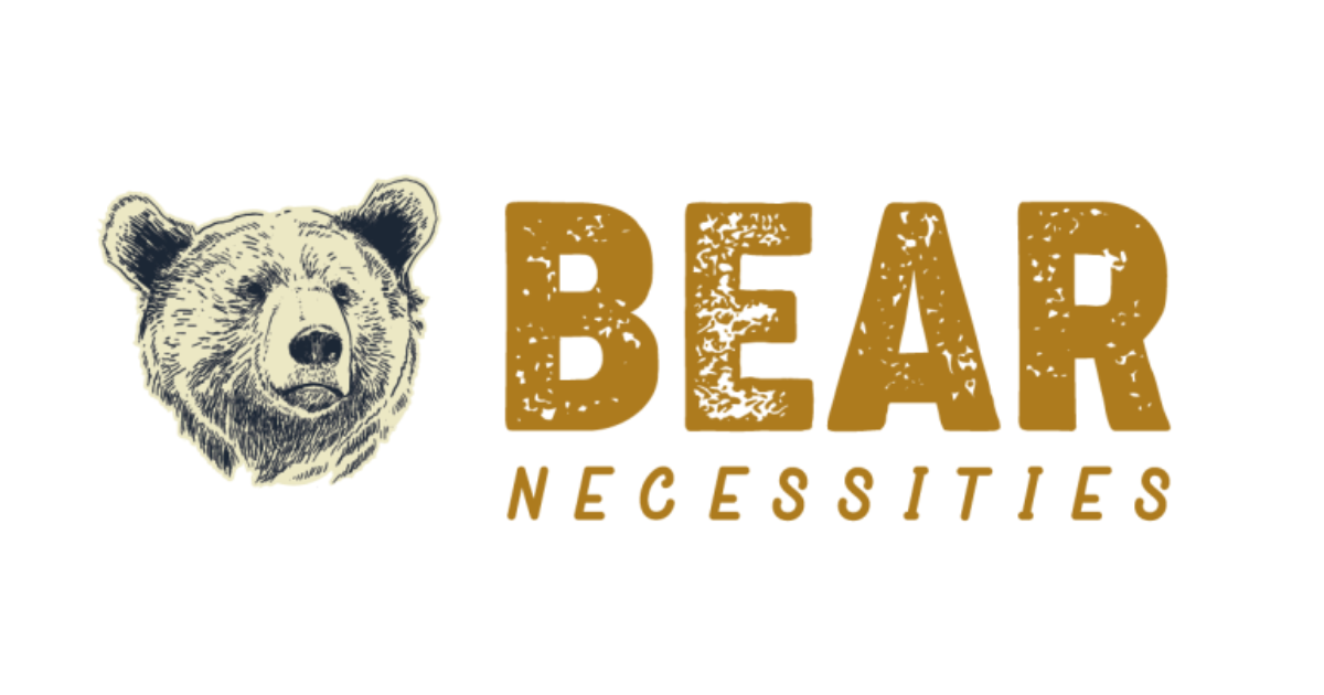 Bear Necessities text next to a hand drawn image of a brown bear