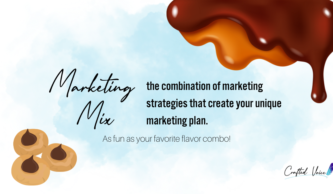 A graphic with a caramel and chocolate drizzle in the right corner and then a peanut butter cookie with chocolate hershey kiss on top in the left hand corner. In the middle text says "marketing mix"