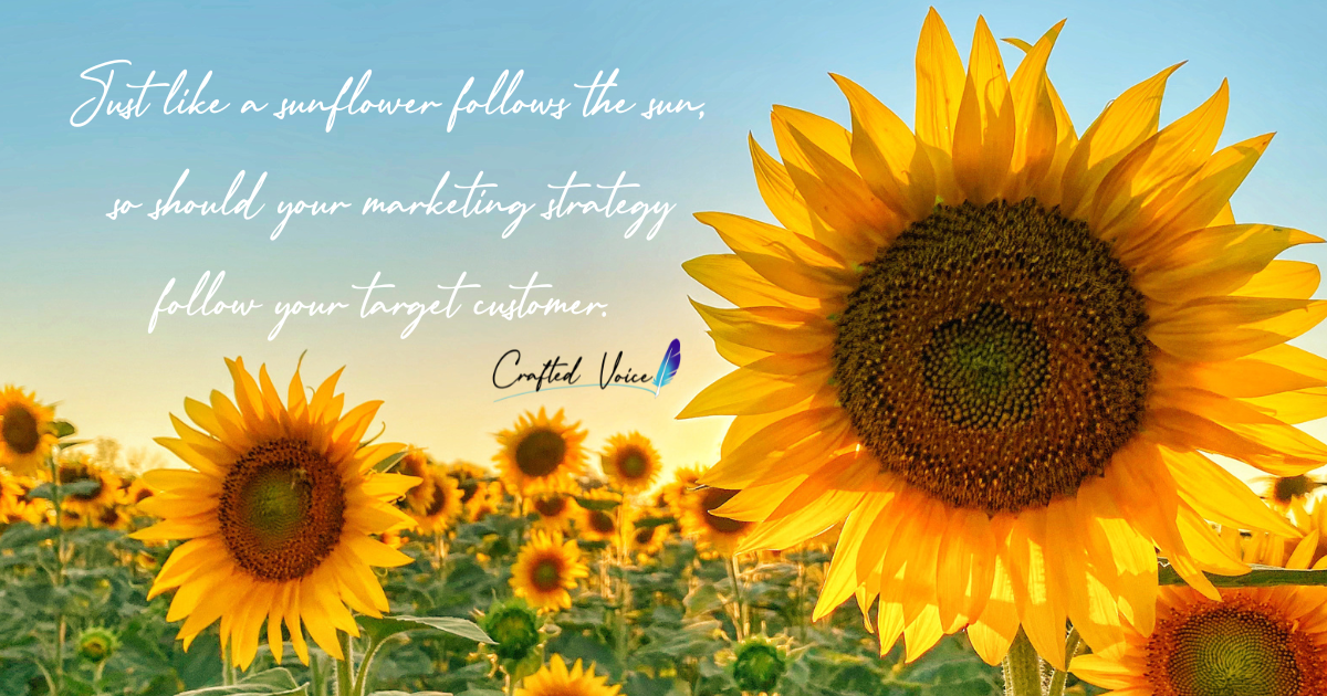 " Just like a sunflower follows the sun, so should your marketing strategy follow your target customer. " This quote is overlayed over a photo of sunflowers in a field. 