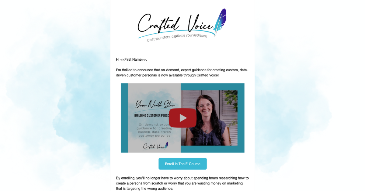 A screenshot of an email marketing campaign that says "Crafted Voice" at the top and then a introduction letter with a thumbnail of a video beneath it. 