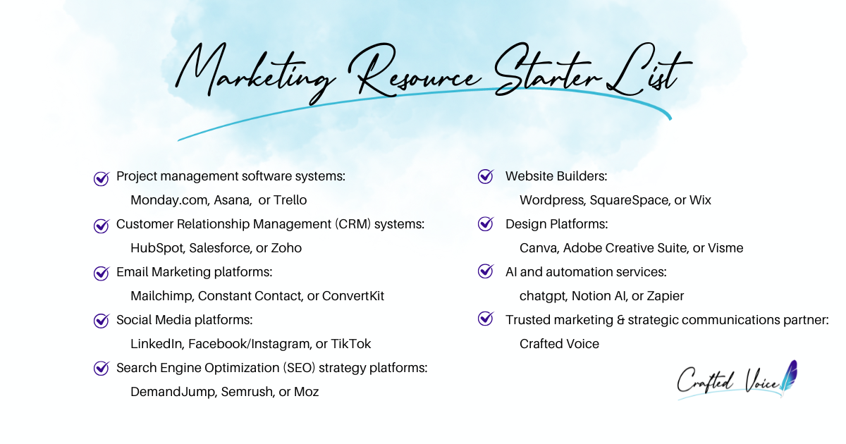 Marketing Resources Starter List: Project management software systems, customer relationship management (CRM) systems, email marketing platform, social media platforms, search engine optimization (SEO) strategy platforms, website builders, design platforms, AI and automation platforms, and trusted strategic communications consultant 